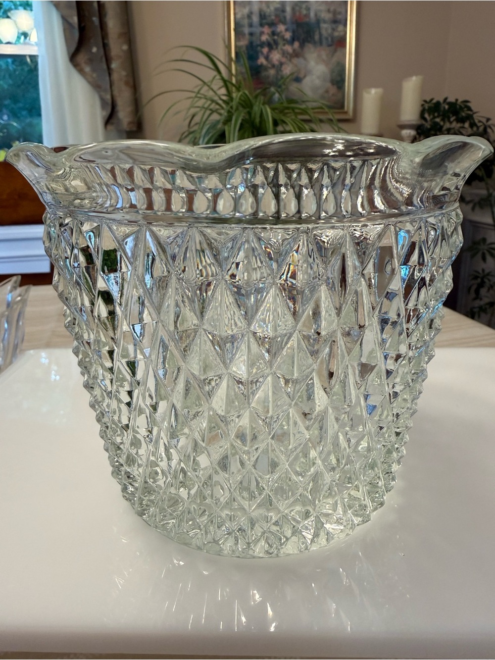 Source Unknown Clear Pressed Glass Ice Bucket with Diamond Pattern